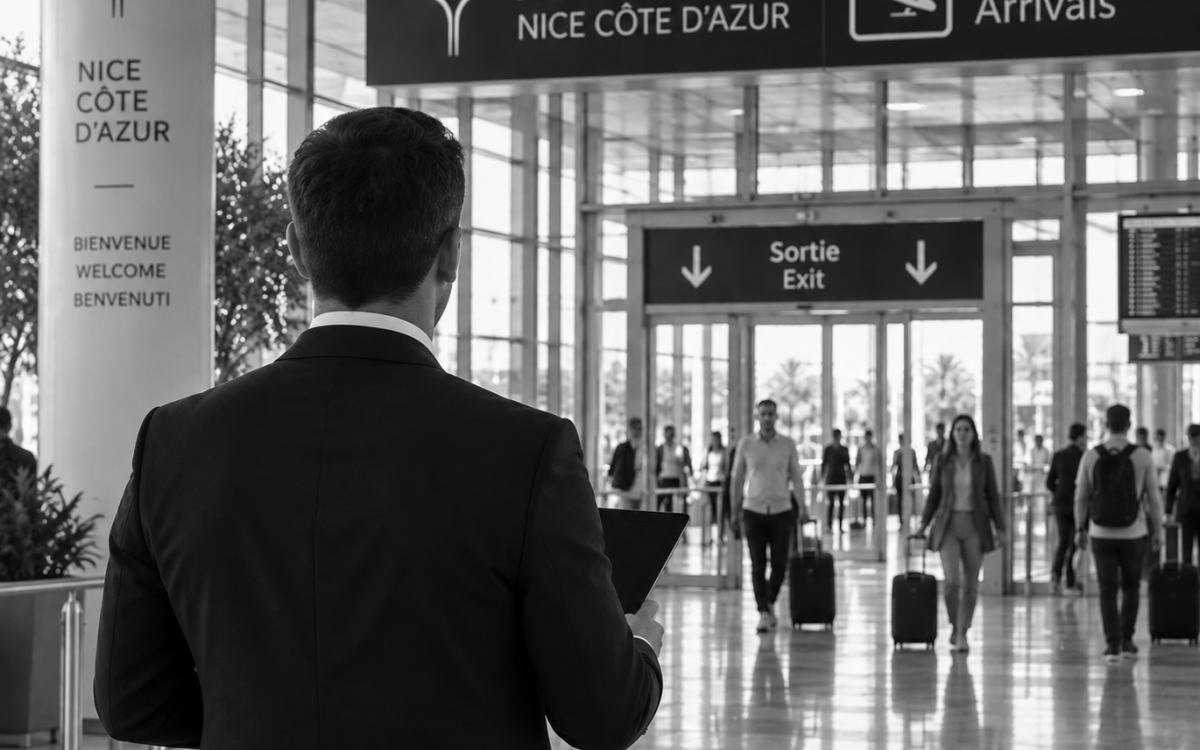 Chauffeur VTC attendant un passager dans le hall de l’Aéroport Nice Côte d’Azur
