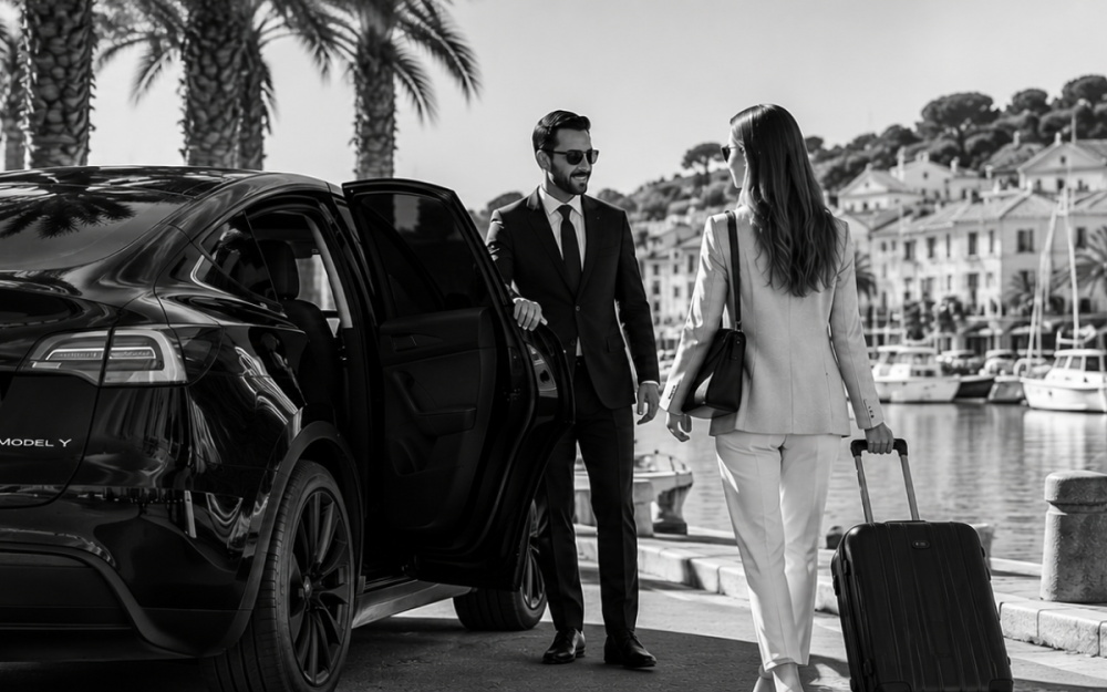 Chauffeur VTC prenant en charge une passagère avec ses bagages à Sanary-sur-Mer