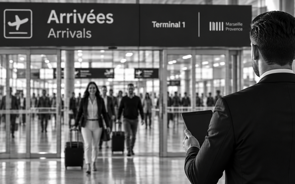 Chauffeur VTC attendant des passagers dans le hall des arrivées de l’Aéroport Marseille-Provence