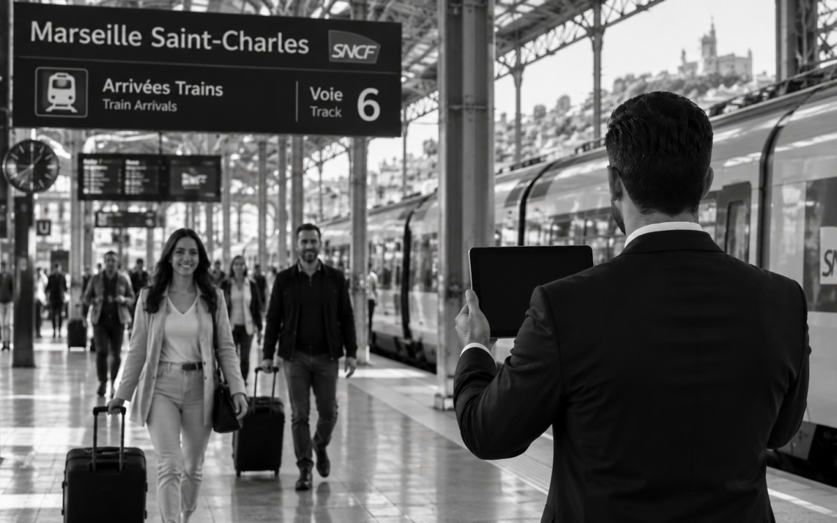 Chauffeur VTC attendant des passagers à la Gare Marseille Saint-Charles