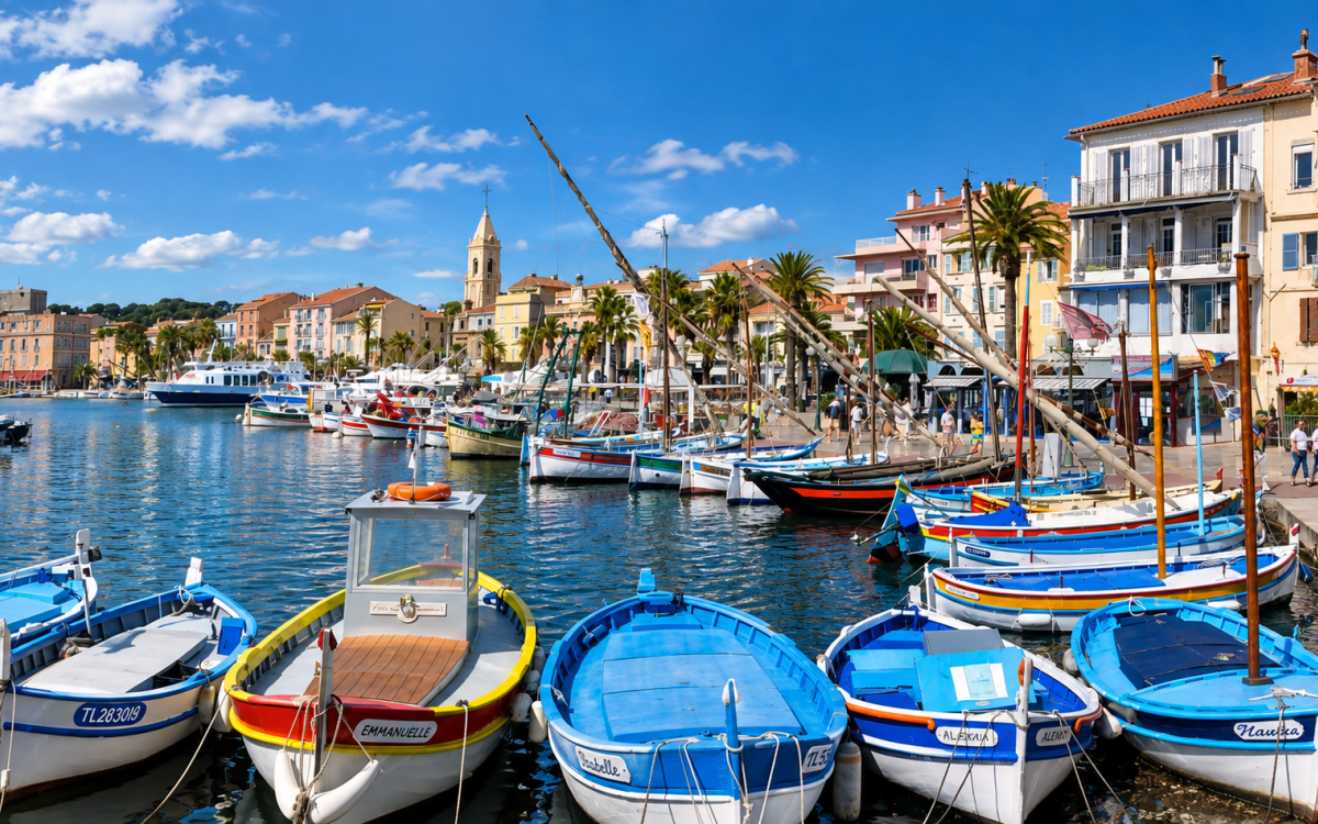 Port de Sanary-sur-Mer avec ses pointus et le centre-ville