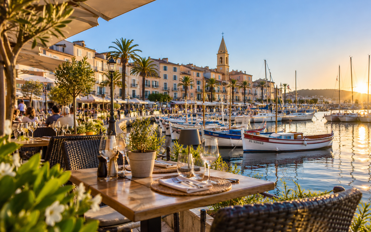 Terrasse de restaurant avec vue sur le port de Sanary-sur-Mer