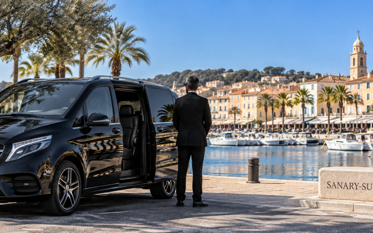 Chauffeur VTC avec van devant le port de Sanary-sur-Mer