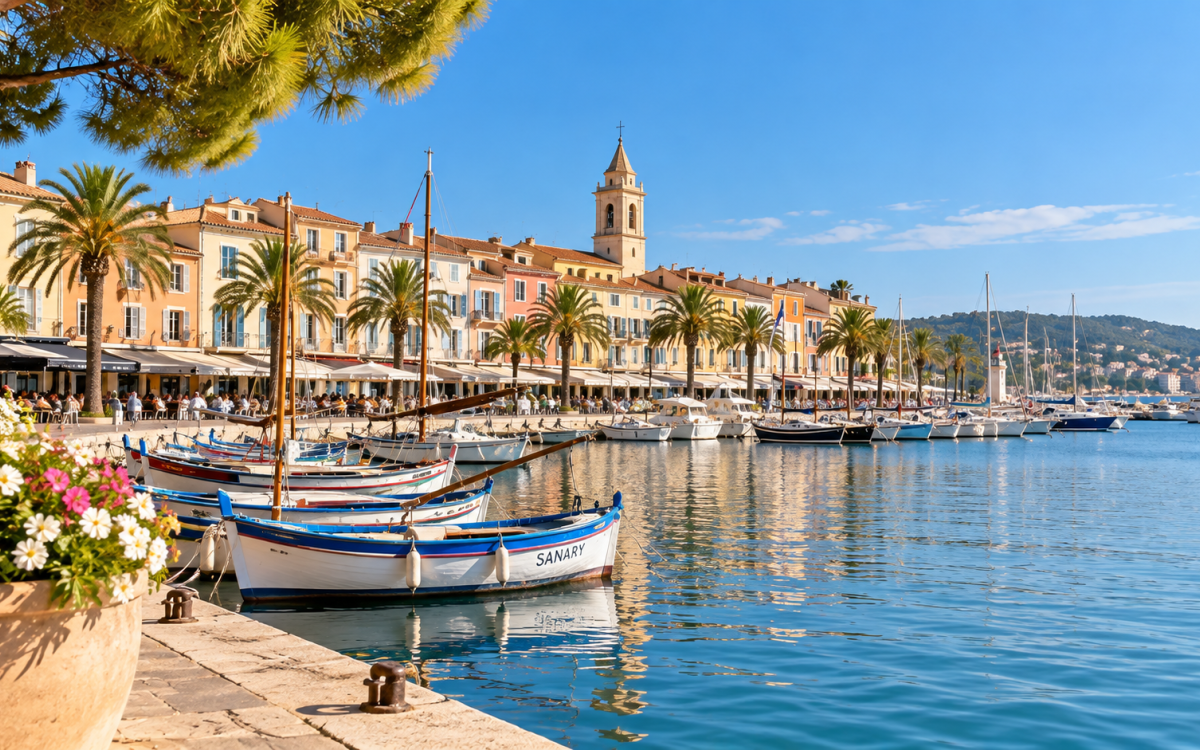 Port de Sanary-sur-Mer avec ses pointus et le centre-ville
