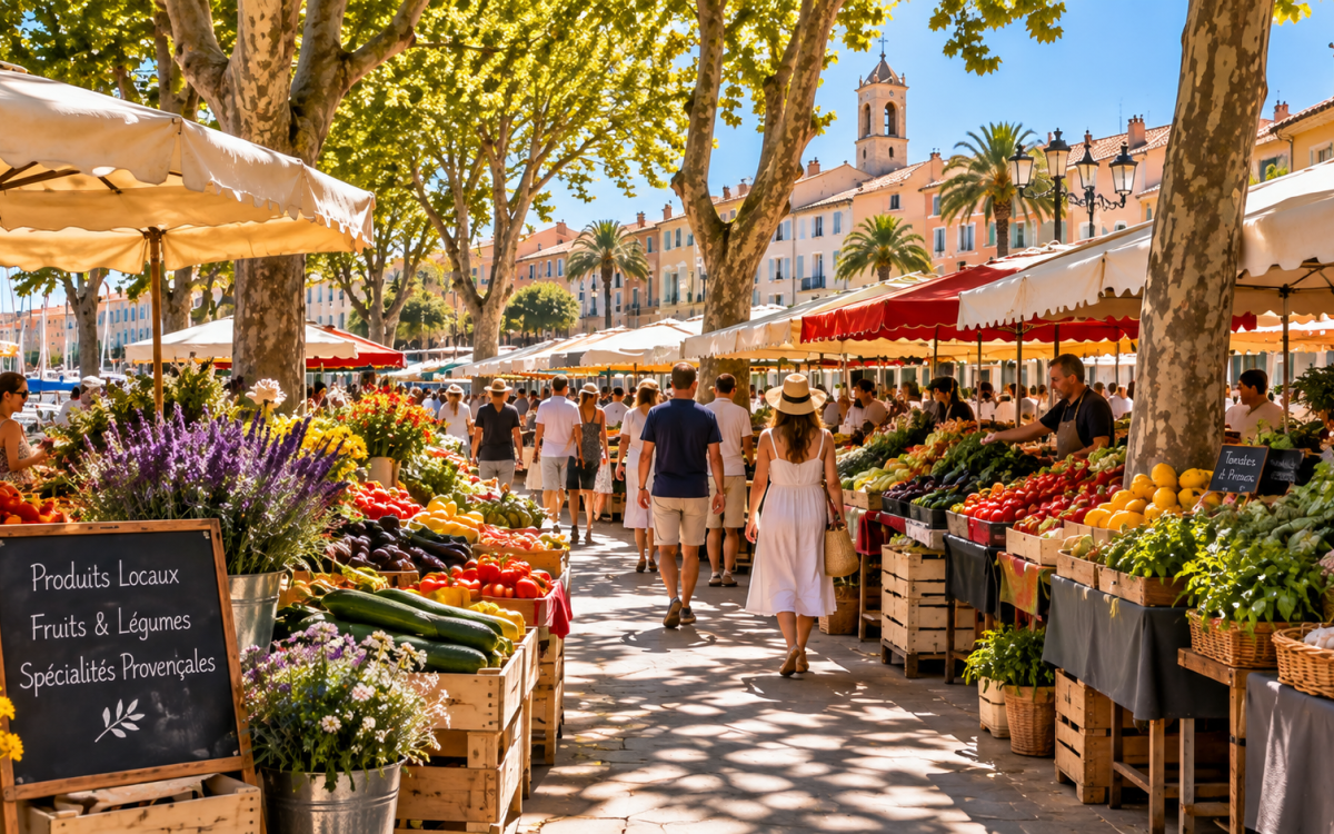 Marché provençal dans le centre de Sanary-sur-Mer
