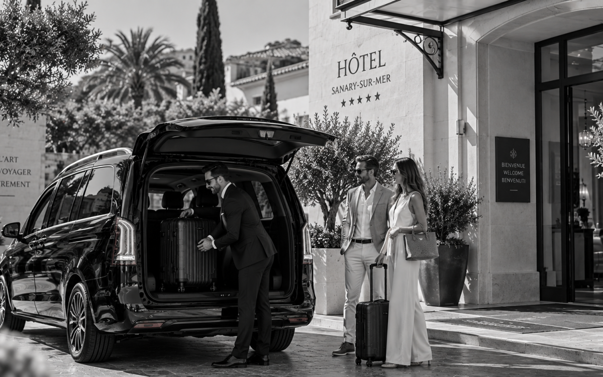 Chauffeur VTC prenant en charge les bagages devant un hôtel à Sanary-sur-Mer