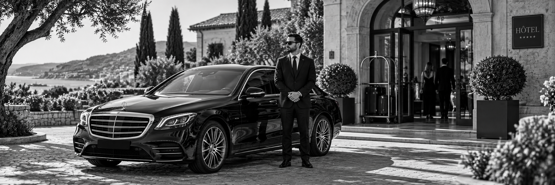Chauffeur privé en mise à disposition devant un hôtel dans le Var
