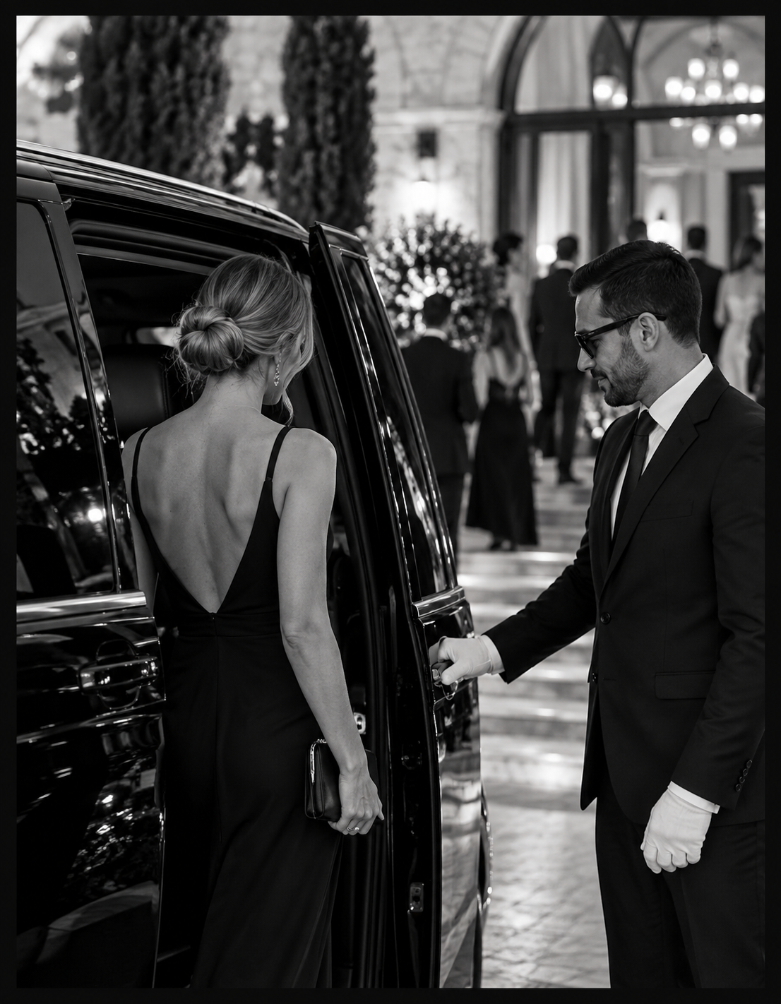 Chauffeur privé accueillant une invitée lors d’un événement dans le Var