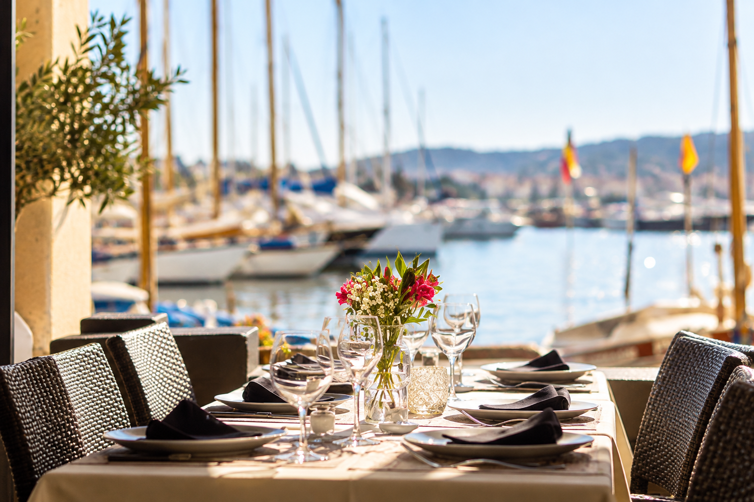 Terrasse du restaurant de la Tour sur le port de Sanary-sur-Mer